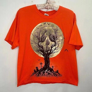 Vintage Youth Orange Halloween Moon Cemetery Short Sleeve T-Shirt Size Large